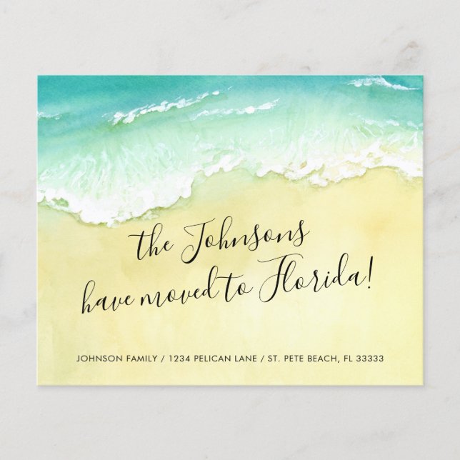 Budget Sandy Beach Ocean Waves New Address Card (Front)