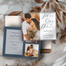 Budget Save Our Date Dark Blue Photo Wedding
