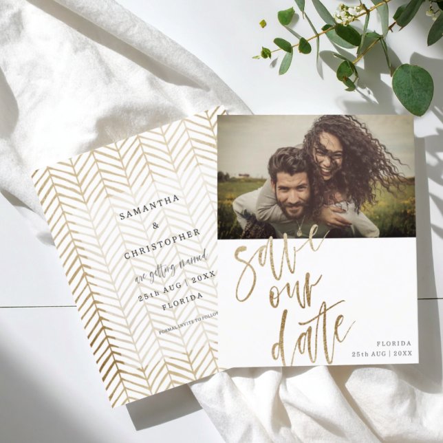 Budget Save Our Date Faux Gold Calligraphy & Photo (Creator Uploaded)