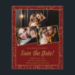 Budget Save the Date Burgundy Gold 3 Photo<br><div class="desc">Elegant burgundy red and gold confetti background frames 3 of your couple's photos. The text is deep gold. Save the Date is written in a bold script text. 4 lines of text let descript your wedding plans to your guests.</div>