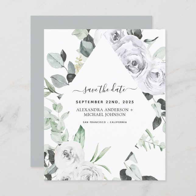 Budget Save the Date Eucalyptus White Floral (Front/Back)