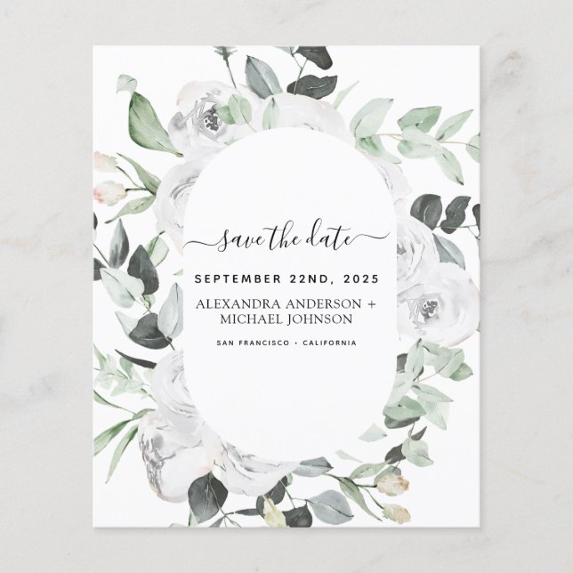 Budget Save the Date Eucalyptus White Floral Flyer (Front)