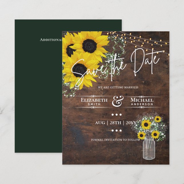 BUDGET Save The Date Rustic Sunflowers Mason Jar (Front/Back)