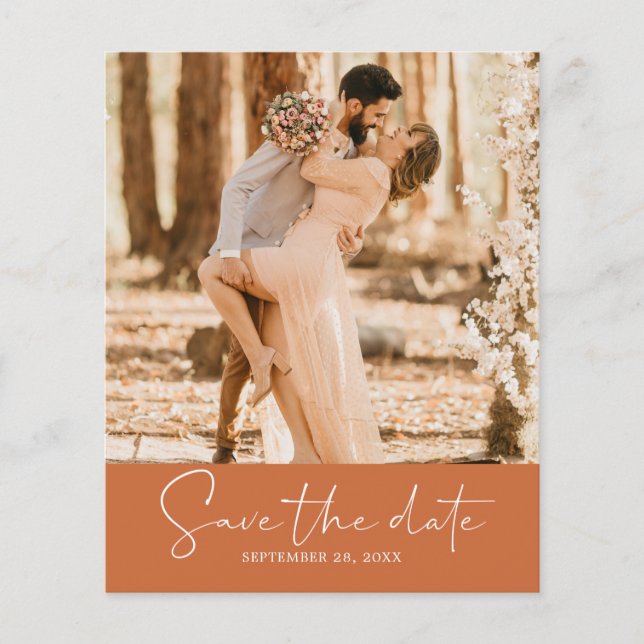 Budget Save the Date Script Burnt Orange Photo Flyer (Front)