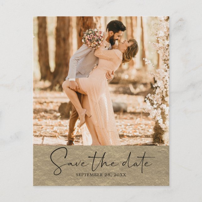Budget Save the Date Script Champagne Gold Photo Flyer (Front)