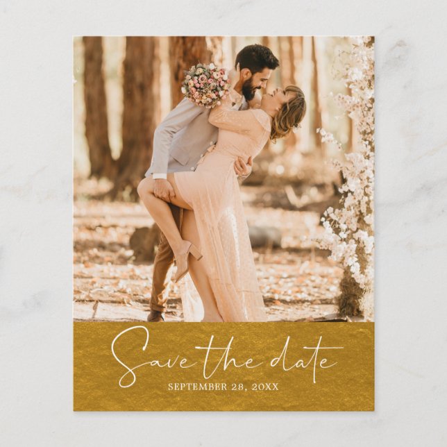 Budget Save the Date Script Classic Gold Photo Flyer (Front)