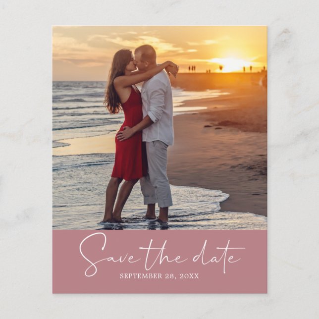 Budget Save the Date Script Dusty Rose Photo Flyer (Front)
