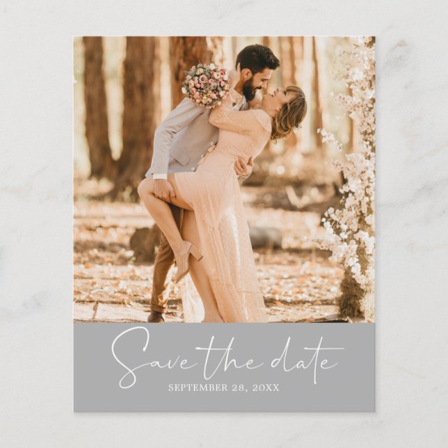 Budget Save the Date Script Silver Grey Photo Flyer (Front)