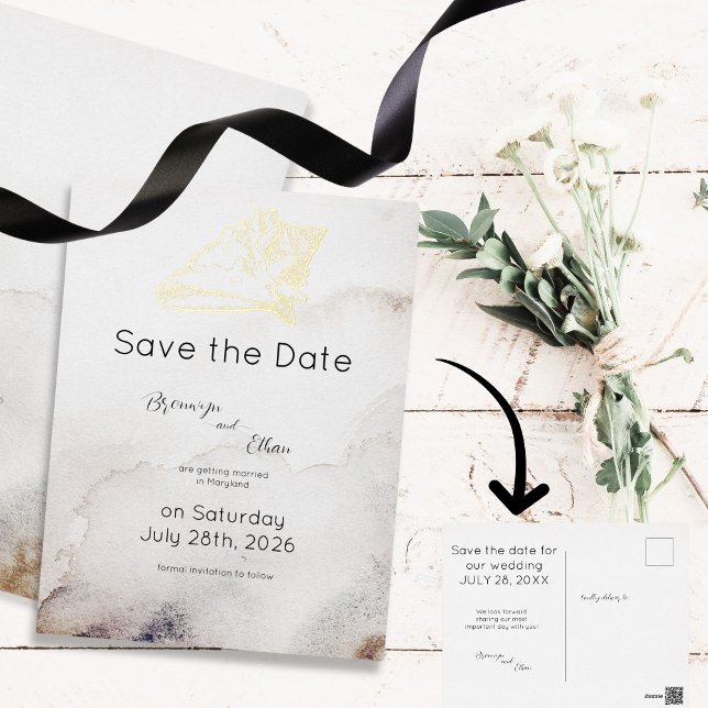 Budget Save the Date Seashell Sandy Beach Foil Invitation Postcard (Budget save the date postcard)