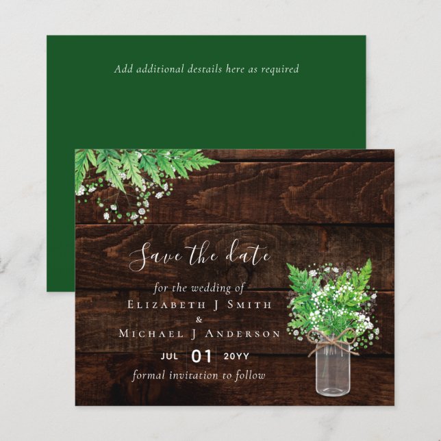 Budget Save the Dates Greenery Ferns Wedding (Front/Back)