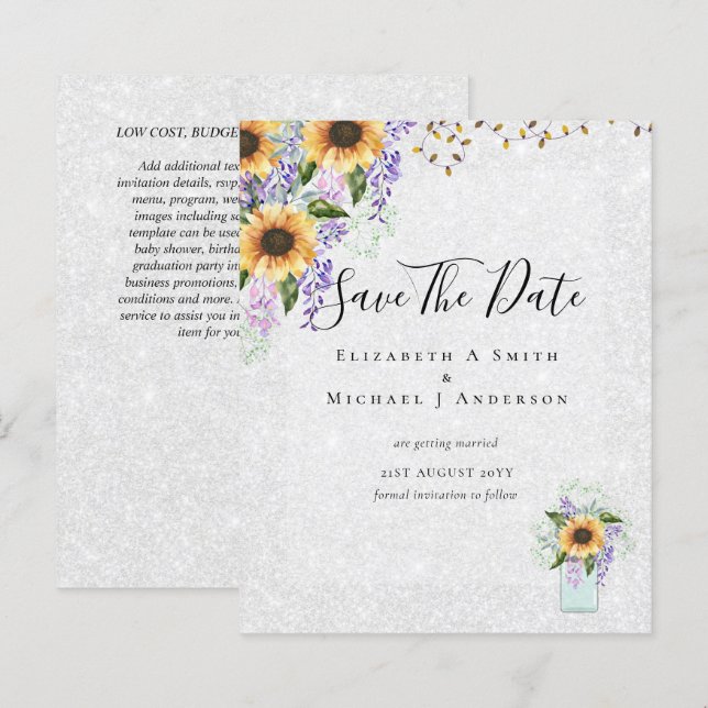 BUDGET SAVE THE DATES Rustic Sunflowers Purple (Front/Back)