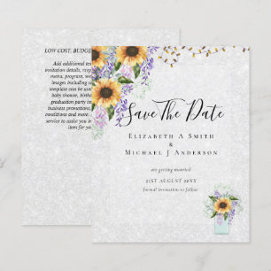 BUDGET SAVE THE DATES Rustic Sunflowers Purple