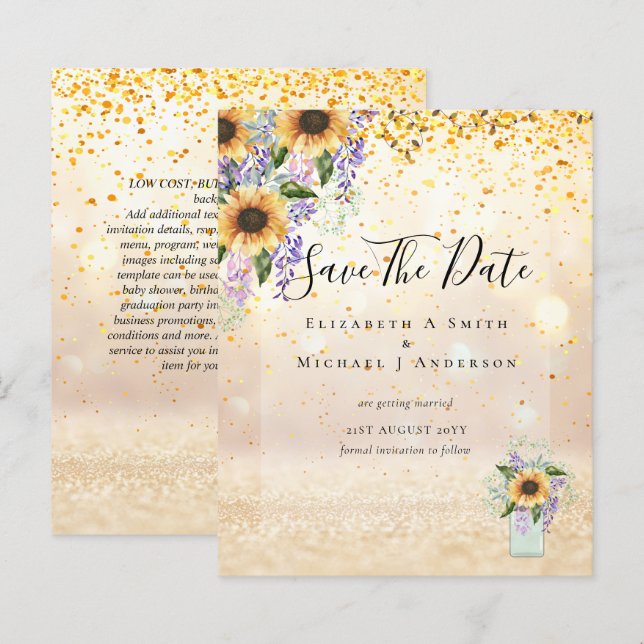 BUDGET SAVE THE DATES Rustic Sunflowers Purple (Front/Back)