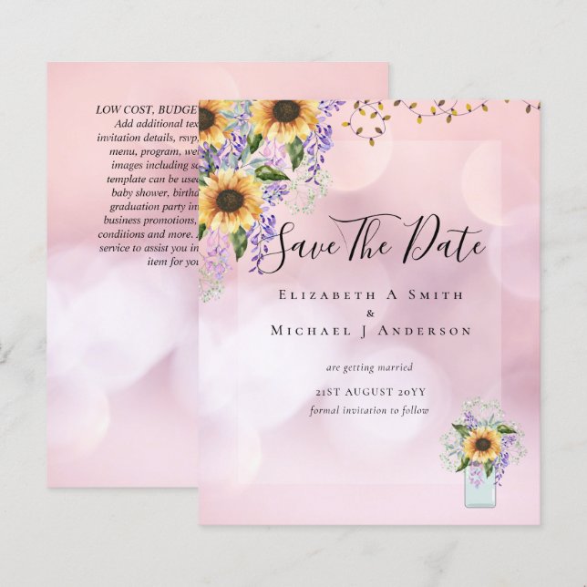 BUDGET SAVE THE DATES Rustic Sunflowers Purple (Front/Back)