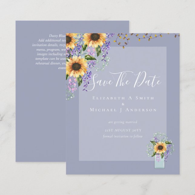 BUDGET SAVE THE DATES Rustic Sunflowers Purple (Front/Back)