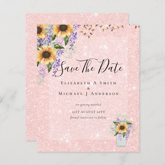 BUDGET SAVE THE DATES Rustic Sunflowers Purple (Front/Back)