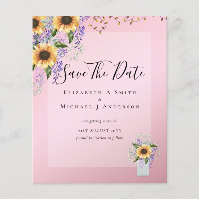 BUDGET SAVE THE DATES Rustic Sunflowers Purple Flyer (Front)