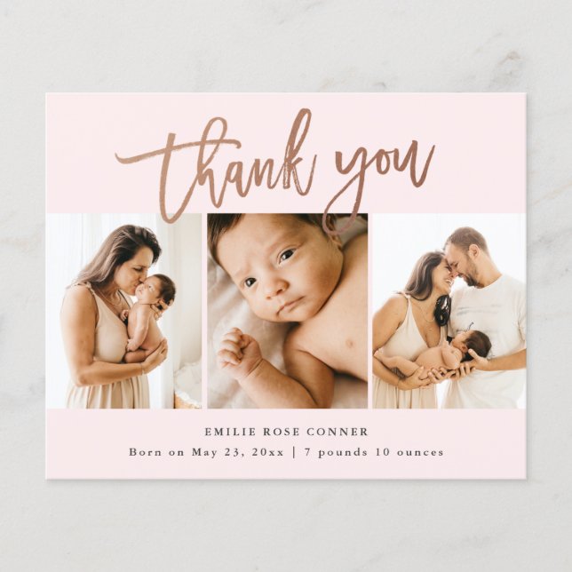 Budget Script 3 Photo Baby Thank You Card (Front)