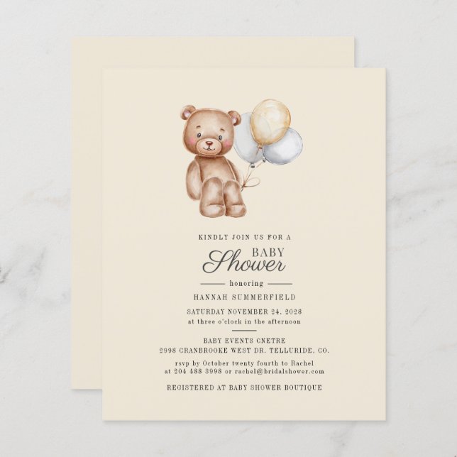 Budget Script Bear Balloons Baby Shower Invitation (Front/Back)