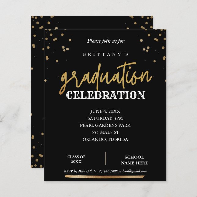 Budget Script Black Gold Graduation Invite (Front/Back)