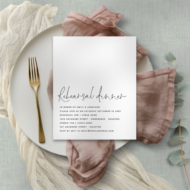Budget Script Black White Rehearsal Dinner Invite (Budget priced smaller 4.5 x 5.6" alternative)