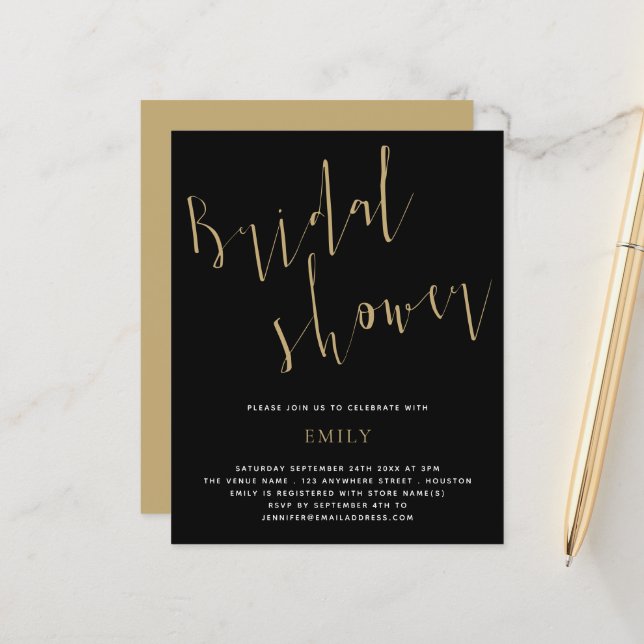 Budget Script Bridal Shower Gold Black Invitation (Front/Back In Situ)
