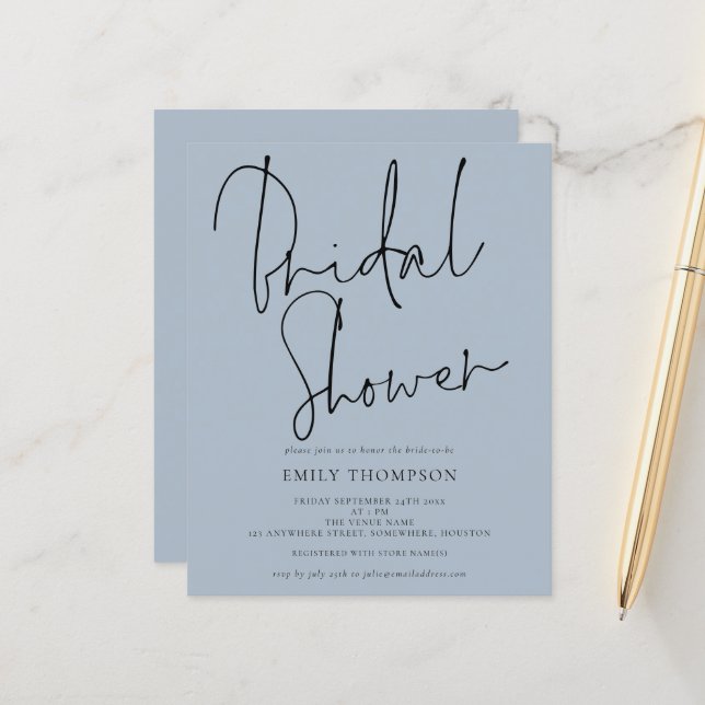Budget Script Dusty Blue Bridal Shower Invitation (Front/Back In Situ)