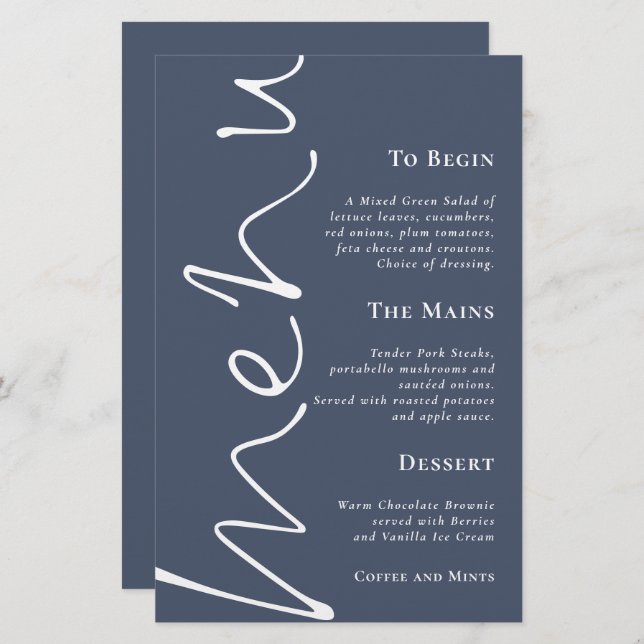 Budget Script Dusty Marine Blue Mariage Menu (Devant / Derrière)