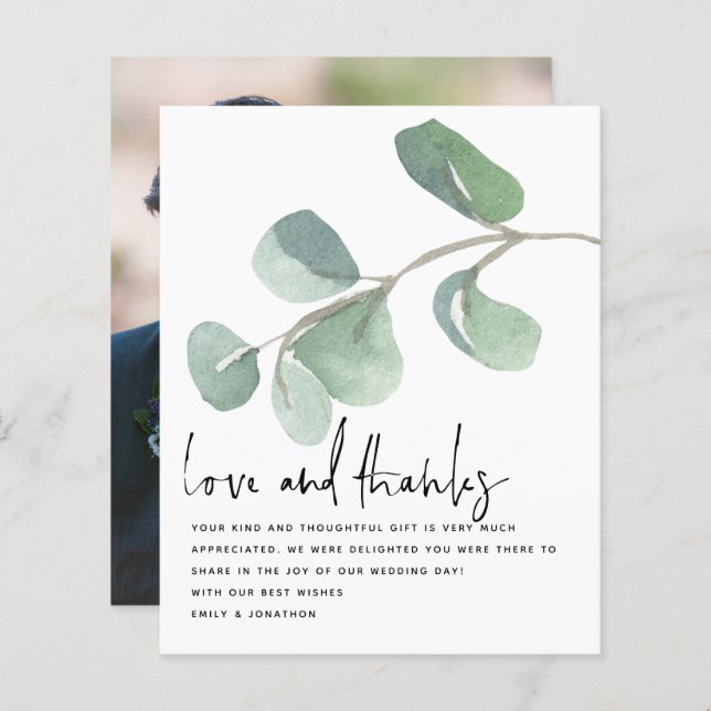 Budget Script Eucalptus Newlywed Photo Thank You (Front/Back)