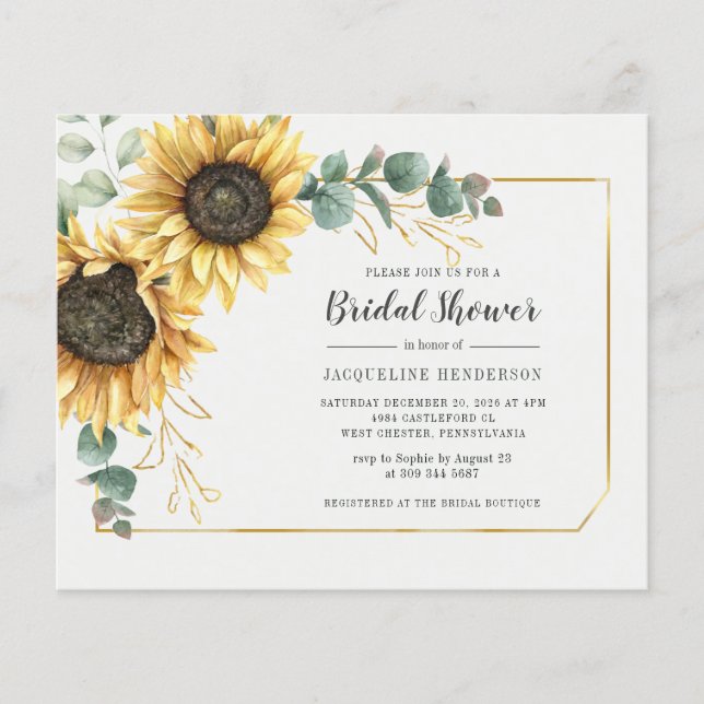 Budget Script Eucalyptus Sunflower Bridal Shower (Front)