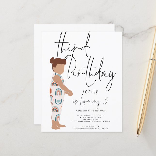 Budget Script Girl trendy 3rd birthday invitation (Front/Back In Situ)