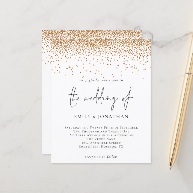 Budget Script Gold Glitter Wedding Invitation (Front/Back In Situ)
