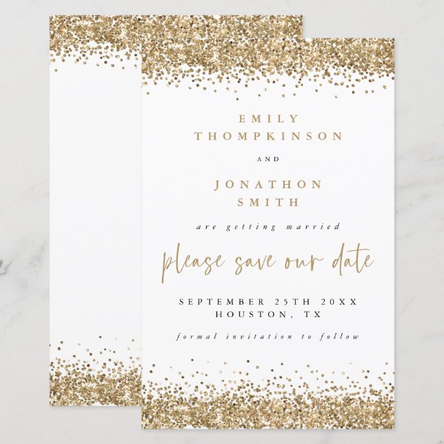 Budget Script Gold Glitter Wedding Save The Date (Front/Back)