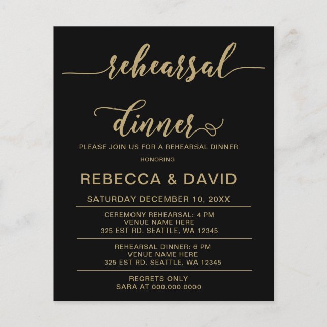 Budget Script Gold Rehearsal Dinner Invitation (Front)