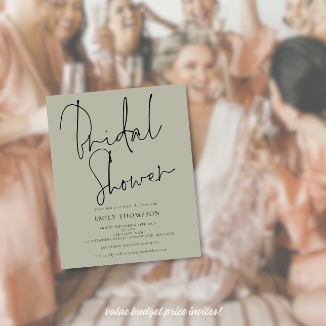 Budget Script Light Sage Bridal Shower Invitation (Budget Price smaller 4.5 x 5.6" invites)