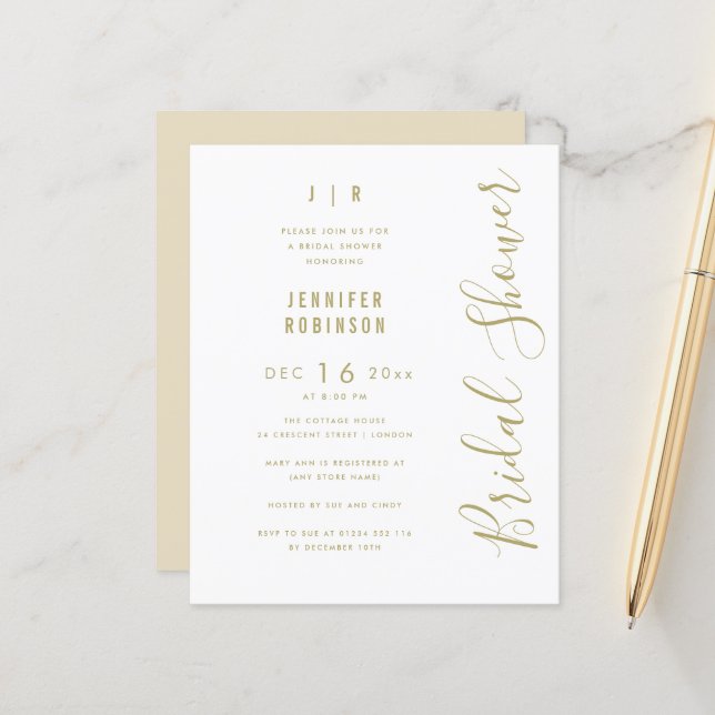 Budget Script Modern Bridal Shower White  (Front/Back In Situ)