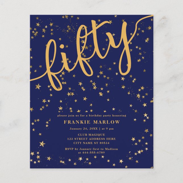 Budget Script Navy Gold 50th Birthday Invitation (Front)