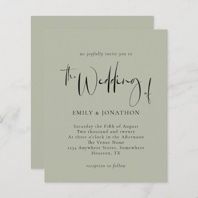 Budget Script Pale Sage Green Wedding Invitation (Front/Back)