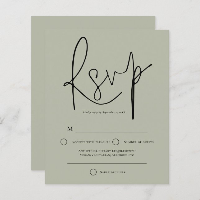 Budget Script Pale Sage Green Wedding RSVP (Front/Back)