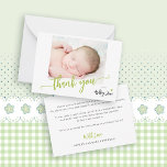 Budget script photo baby shower thank you card<br><div class="desc">Trendy modern minimal bright green typography script boy baby shower budget affordable small thank you card template personalized with newborn baby photo and your text.</div>