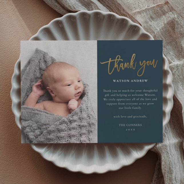 Budget Script Photo Baby Thank You Card (Modern gold script budget baby photo thank you cards.)