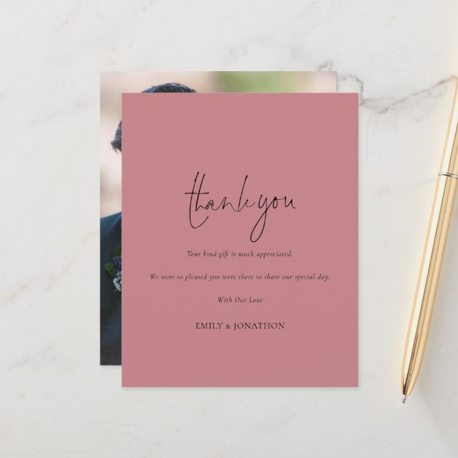 Budget Script Photo Dusty Rose Wedding Thank You (Front/Back In Situ)
