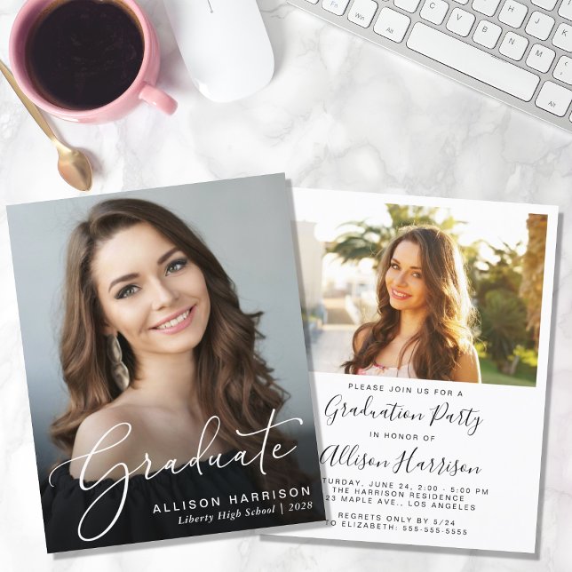 Budget Script Photo Graduation Party Invitation (A personalized photo graduation party invitation to celebrate the graduate's achievements)