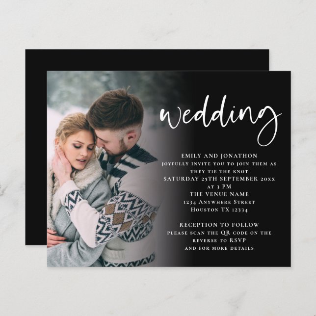 Budget Script Photo QR Code White Black Invite (Front/Back)