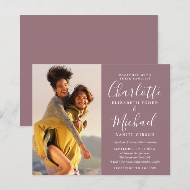 Budget Script Photo Wedding Mauve Invitation (Front/Back)