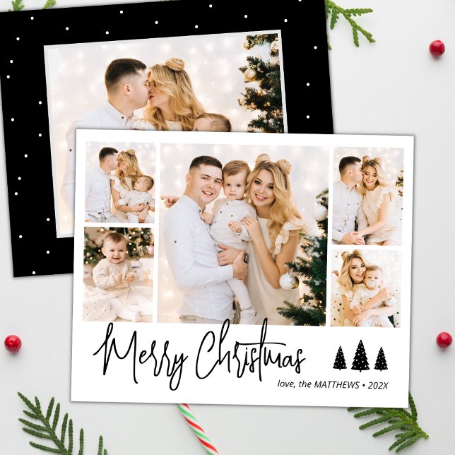 Budget Script Pine 5 Photo Collage Christmas Card (Creator Uploaded)