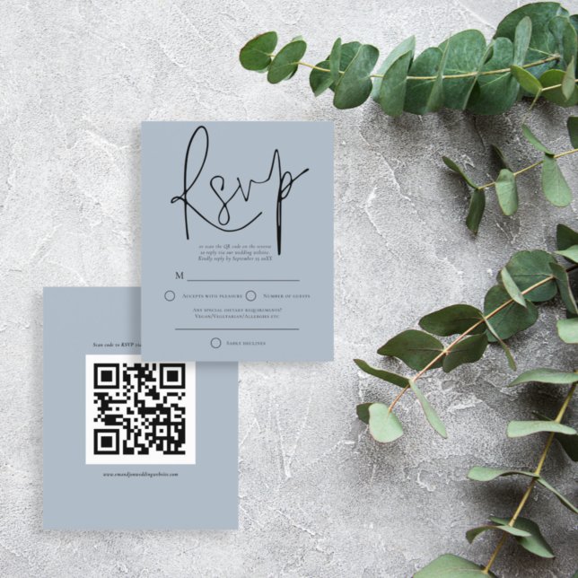 Budget Script QR Code Wedding Dusty Blue RSVP (Creator Uploaded)