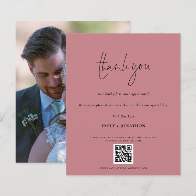 Budget Script QR Code Wedding Photo Pink Thanks (Front/Back)