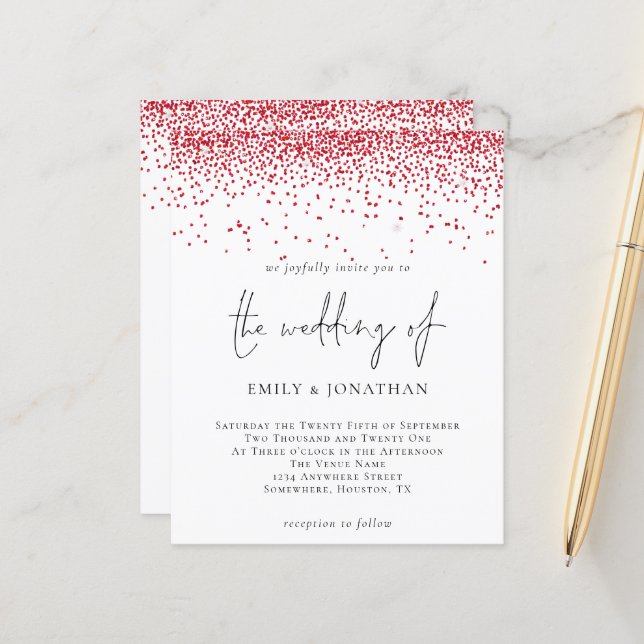 Budget Script Red Glitter Wedding Invitation (Front/Back In Situ)