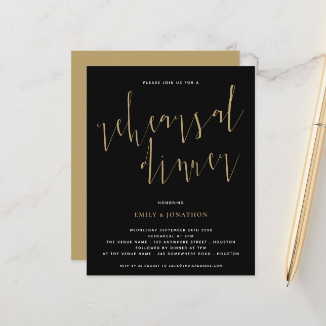 Budget Script Rehearsal Dinner Gold Black Invite (Front/Back In Situ)